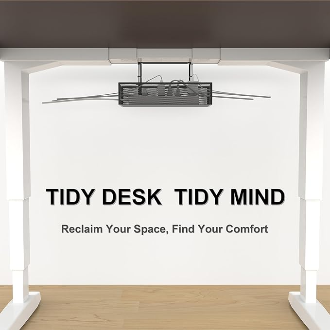 Under Desk Cable Management Tray - No Drill or Screw Mount Option, Heavy Duty Metal Cord Organizer Rack, Power Strip Holder for Office & Home