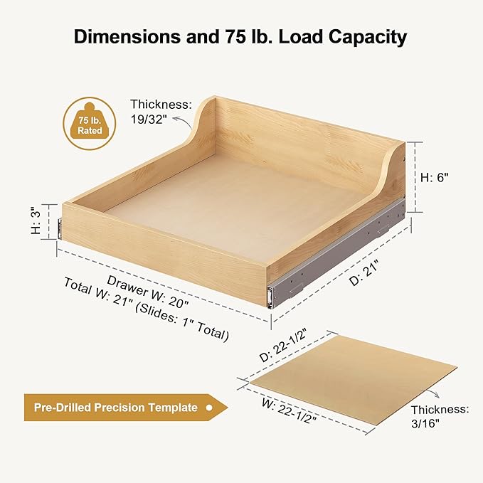 ALINE FURNITURE Birch Pull Out Drawers for Cabinets, 21" W x 21" D x 6" H Soft-Close Slide Out Drawer for Kitchen Cabinets, Pull Out Shelves, Pantry Cabinet Organizer, with Pre-Drilled Wood Template