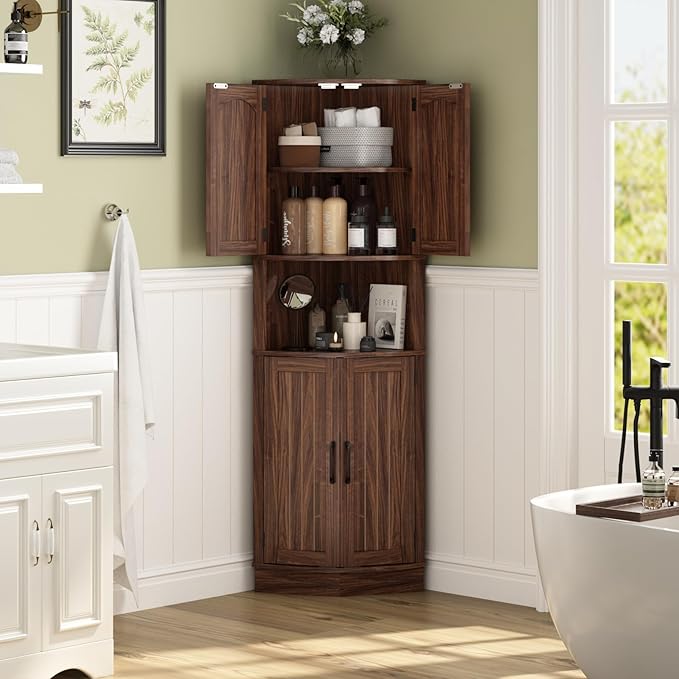 Tall Corner Cabinet, 64.7" Corner Storage Cabinet with 4 Doors and 5 Storage Shelves, Farmhouse Space Saver with Arched Door Design for Living Room, Kitchen, Bathroom, Office