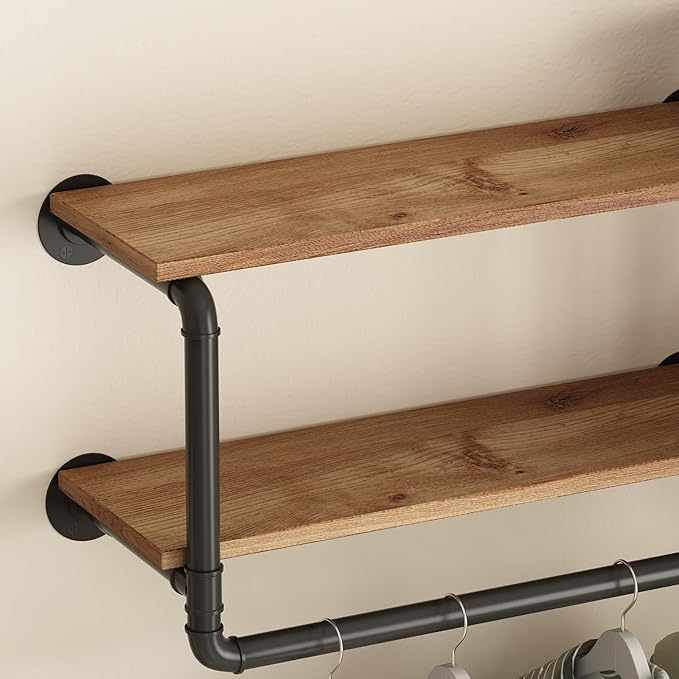 ORSENIGO Industrial Pipe Clothing Rack with Shelves, Black Wall Mounted Clothes Rack Heavy Duty Display Garment Rack for Home Retail
