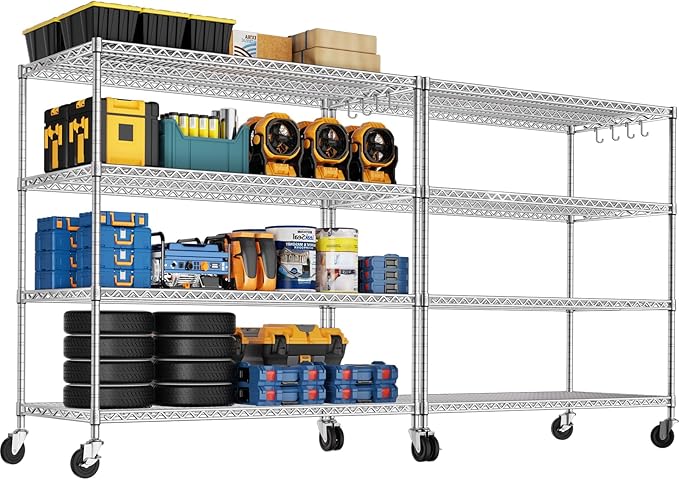 PrimeZone 4 Tier 55.5" Wx24 Dx76 H Wire Shelving with Wheels 2400lbs NSF Certified Storage Shelves Heavy Duty Metal Shelf Adjustable Rolling Rack Commercial Garage Restaurant Warehouse Chrome 2Pack