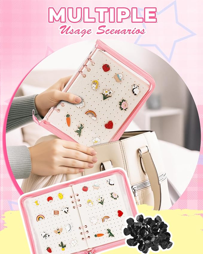 UCEC Pink Enamel Pin Display Book & 50 PCS Pin Backs A5 Album Pin Collection Binder for Brooch Pins, 6-Page Zippered Pinfolio Trading Organizer, Portable Enamel Pin Storage Case for Pin Collectors
