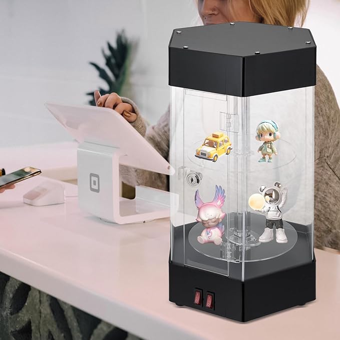 LED Electric Rotating Acrylic Display Case, Jewelry Display Case, Free Standing Electric Rotating Display Case with Lock and Keys for Cosmetics Jewelry Watch Sunglasses White/Balck (Black)
