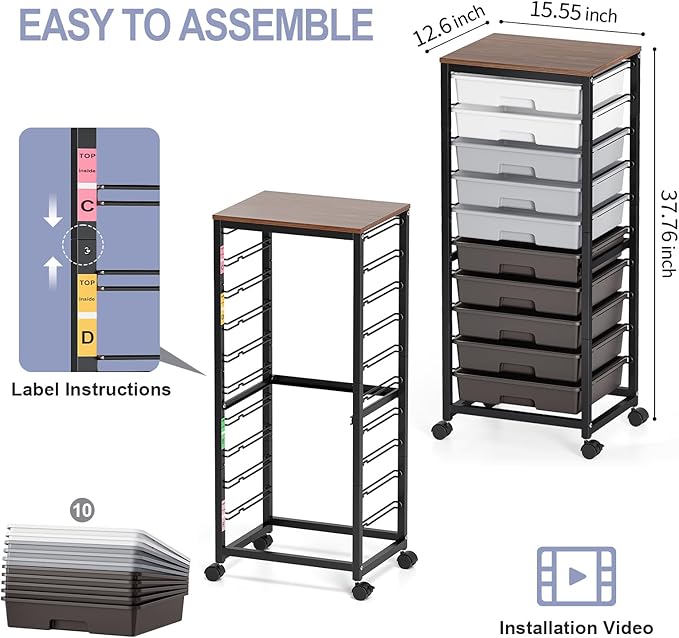 Rolling Cart with Drawers,10 Drawer Rolling Cart,Storage Cart,Utility Cart,Teacher Cart for Classroom Storage,Craft Cart with Wheels and Wooden Tabletop,Grey
