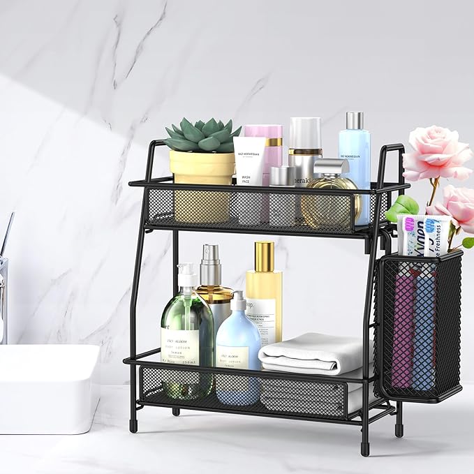 2-Tier Bathroom Counter Organizer, Bathroom Organizer Countertop with Side Basket, Kitchen Countertop Organizer, Metal Spice Rack Organizer, BLACK..