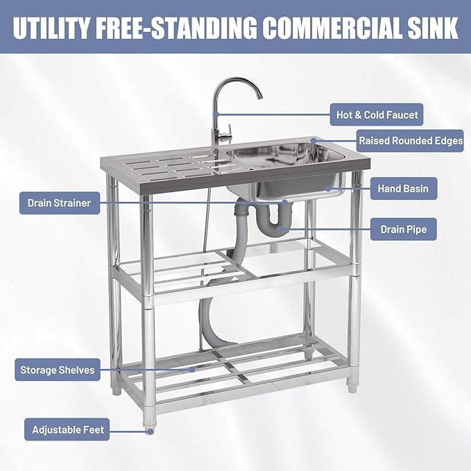Outdoor Garden Free Standing Utility Stainless Steel Sink, Portable Single Bowl Washing Hand Basin Station Sink, with Drainboard Storage Shelves for Camping, Garage, Restaurant, Kitchen, Bar