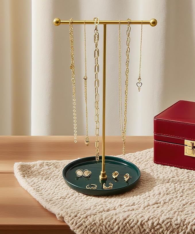 VROOMIUM Necklace Holder Stand - 6in Ceramic Base X 1ft Height, Aesthetic Decor for Bedroom, Jewelry Organizer for Necklace, Bracelets, Rings, Exhibidor de Collares- Elegant Green