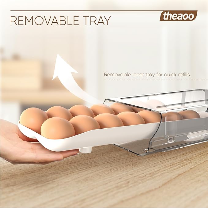 theaoo Egg Holder for Fridge, Automatic Rolling Egg Container for Refrigerator, Clear Plastic Egg Dispenser, Stackable Eggs Organizer with Quick Removable inner Tray For Organizers and Storage, 2 Pack