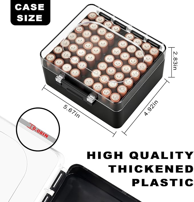 FULLCASE Battery Storage Organizer Box, Holder Container for 56 AA Batteries, Plastic Home Batteries Variety Pack Protective Organization(Case Only) Black