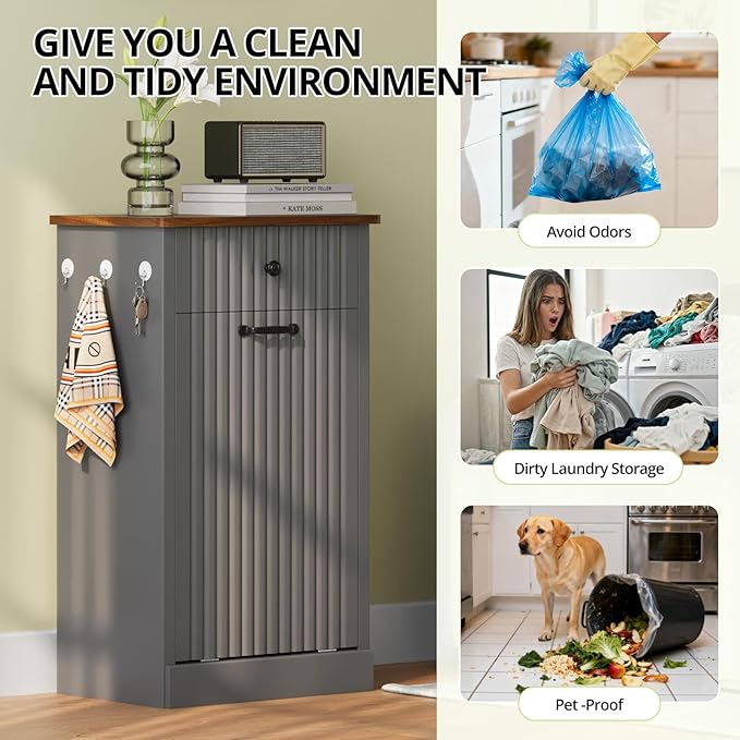 Tilt Out Trash Can Cabinet, 10 Gallon Fluted Laundry Hamper Cabinet with Drawers, Freestanding Wooden Hidden Garbage Can Cabinets for Kitchen, Living Room, Without Trash Bin or Laundry Hamper, Grey