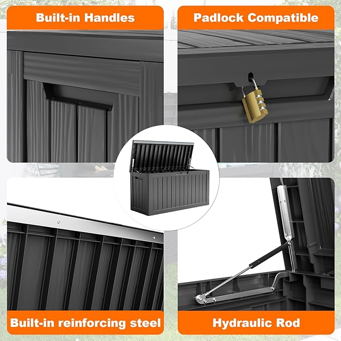 86 Gallon Outdoor Deck Box,Storage Lockable Waterproof Patio Furniture,Garden Tools,Cushions,Pool Accessories Outside Storage Resin Box(Black)