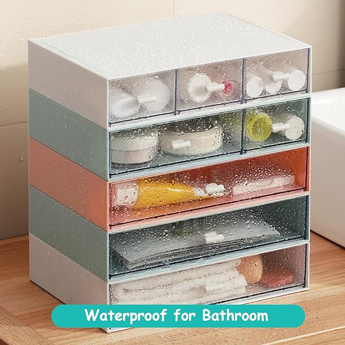 Desktop Organiser with 5 Drawers, Stackable Plastic Storage Box on Desk, Small Drawers Storage Unit for Home Collection, Cosmetics, Office Supplies (2 Flat Layers, Pink)
