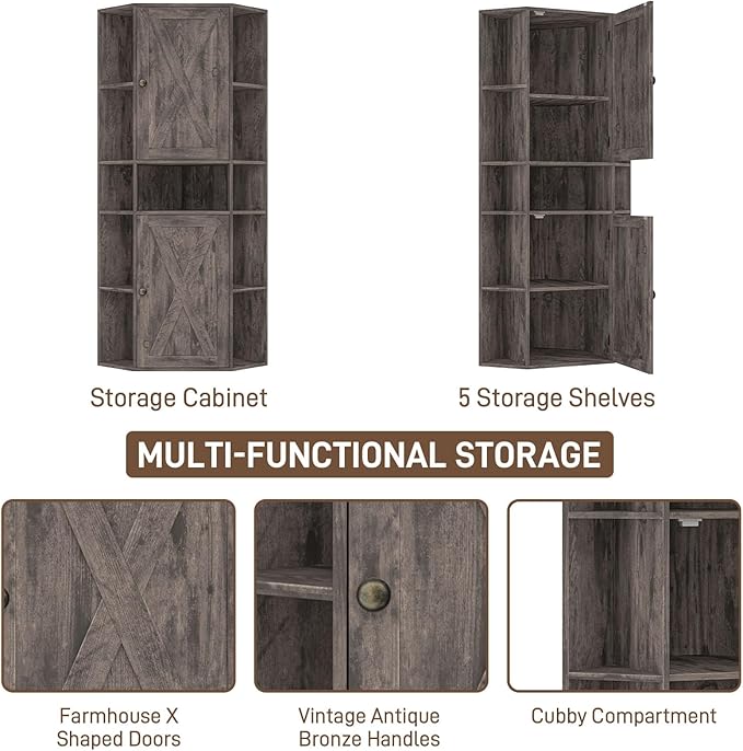 Farmhouse Corner Cabinet with Storage, Tall Corner Storage Cabinet with Adjustable Shelves and Barn Doors Farmhouse Cube Organizer Furniture Bookshelf Cabinets for Bathroom, Living Room (Grey)