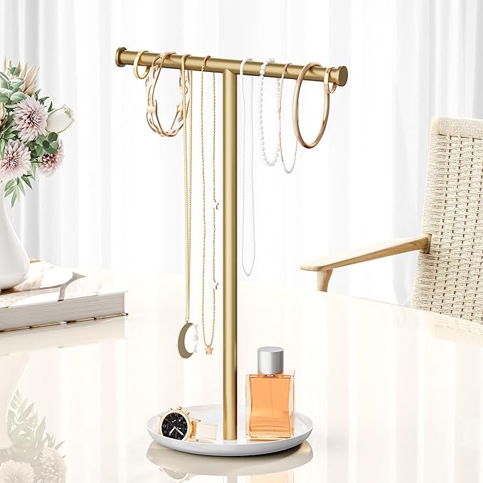 Gold Necklace Organizer Stand with Storage Tray - 12.6" Tall T-Shaped Jewelry Holder Stand for Bracelets, Earrings, Rings | Stylish Home & Vanity Décor for Women.