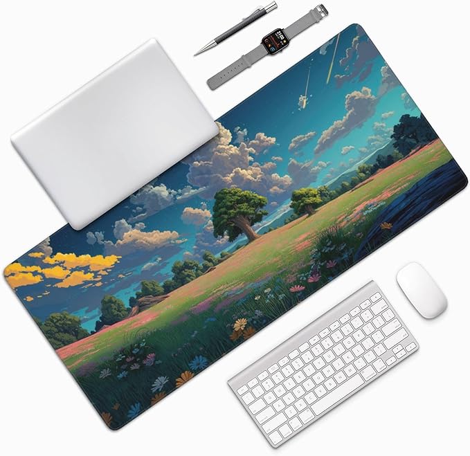 Anime Grass Flowers Blue Sky Large Mouse Pad, Vintage Aesthetic Gaming Desk Mat, XXL Keyboard Desk Pad Mat for Desktop, 35.4"x15.7" Non-Slip Base Big Mousepad with Stitched Edges