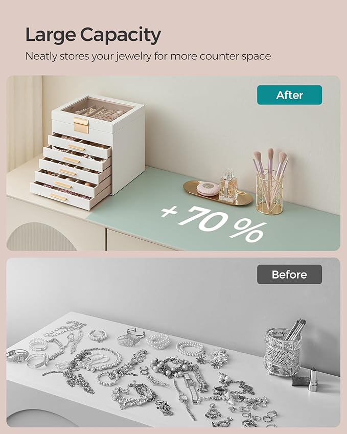 SONGMICS Jewelry Box Organizer with Glass Lid, 6-Layer Jewelry Storage, with 5 Drawers, Modern Style, Christmas Gift, 8 x 9.1 x 9 Inches, Cloud White and Gold Color UJBC176W01