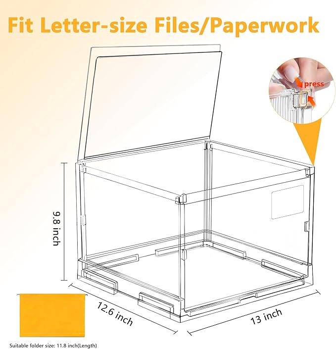 File Organizer Box with Lid,Hanging Filing Folder Organizer for Document Storage with Plastic Slide,Letter-size File Holder Filing Box for Office/Home/Decor/（3Pack）