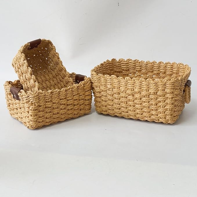 Small Paper rope baskets for Organizing,Cute woven storage Little basket for Home，Shelves, Bathroom,Decorative basket,Set of 3 (Desert color)