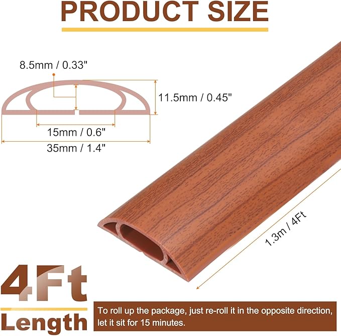 HARFINGTON 4ft Cord Cover Floor W0.6 x H0.33 Inner Channel PVC Hide Extension Cable Floor Wire Hider Wire Covers Protector for Prevent Cable Trips Cables Management, Wood Brown