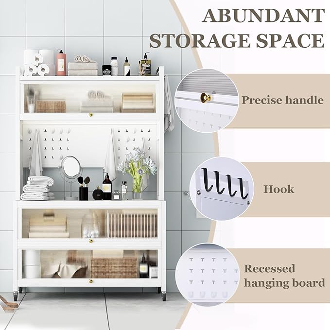 Mobile Kitchen Storage Cart with Wheels,Wheeled Multi-Layer Floor Storage Cabinet with Locker Hole Board Freestanding Storage Cabinet Rust Proof Microwave Oven Pot Oven Rack