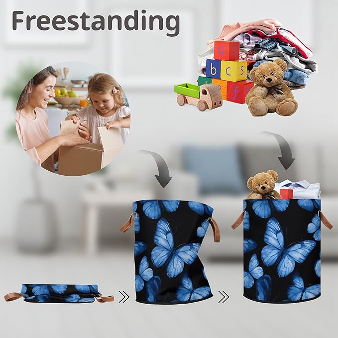 Foldable Laundry Hamper with Elegant Blue Butterfly Pattern - Collapsible Storage Basket for Bedroom, Portable Organizer for Blankets, Toys, Clothes
