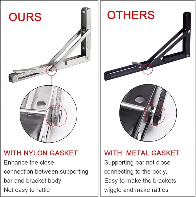 YUMORE Folding Shelf Brackets 8", Max Load: 300lb Heavy Duty Stainless Steel Collapsible Shelf Bracket for Table Work Bench, Space Saving DIY Bracket, Pack of 2