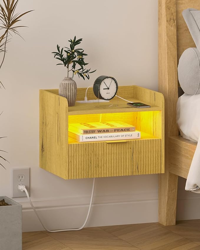 Floating Nightstand with Charging Station and LED Lights (Yellow Oak)