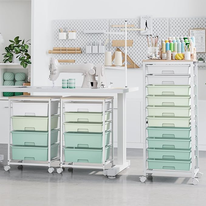 Rolling Cart with Drawers,10 Drawer Rolling Cart,Storage Cart,Utility Cart,Teacher Cart for Classroom Storage,Craft Cart with Wheels and Wooden Tabletop,Green