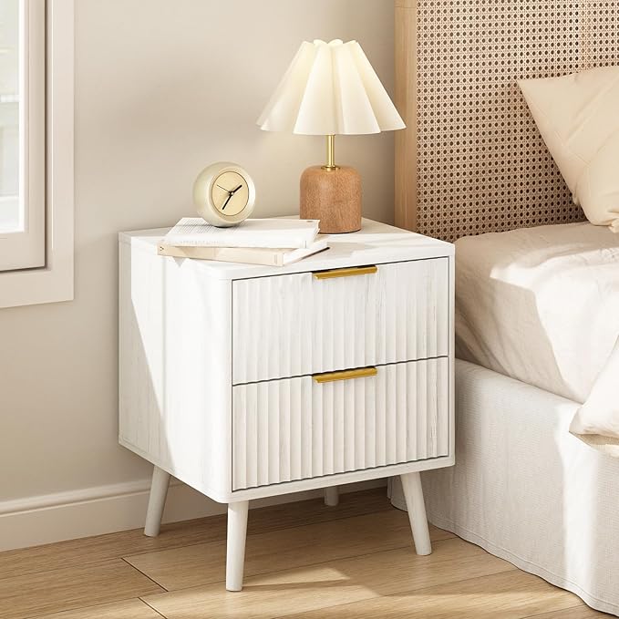 CARPETNAL Fluted Nightstand Set of 2, White Bedside Table with 2 Drawers and Gold Handles, Wood End Table Mid Century Night Stands for Bedroom Living Room