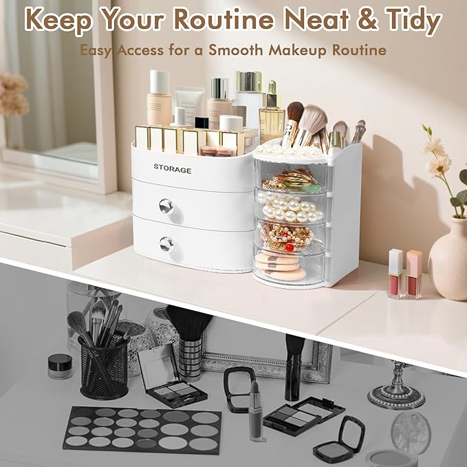 XIAPIA Makeup Organizer Countertop, Make Up Organizer for Vanity, Skincare & Cosmetic Organizers with Drawers, Bathroom Organizers Storage for Brush Holder|Lipstick|Jewelry, Ideal Gift for Women WHITE