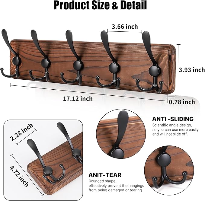 Kruodop Large Coat Rack Wall Mount Coat Hooks Coat Hanger with 5 Metal Black Triple- Hooks Brown Pine Real Wood Plank Hat Rack for Wall Hooks for Hanging Coat Hat Jacket