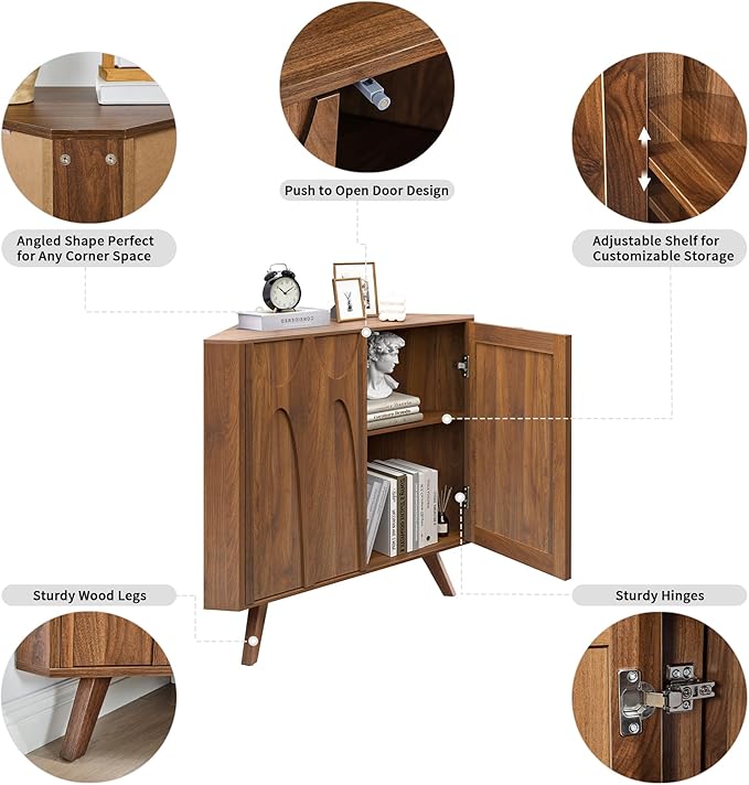 Small Corner Cabinet,Corner Floor Cabinet with Adjustable Doors and Shelve, Freestanding Narrow Storage Organizer for Kitchen Living Room Bathroom (Walnut)