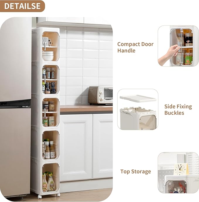 Narrow Bathroom Storage Cabinet with Wheels,5-Tier Plastic Slim Organizer with Adjustable Shelves for Small Spaces,Bathroom, Kitchen, Laundry,Milky White