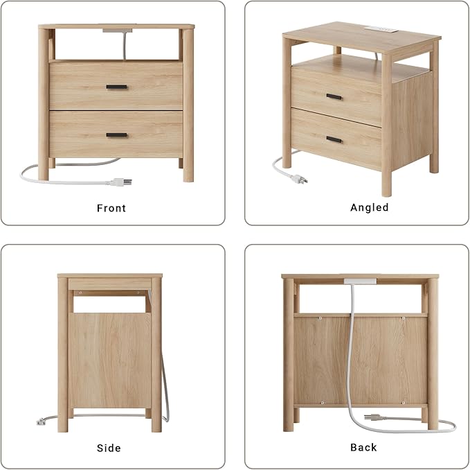 Night Stand with Charging Station, 24" Large Modern Side Table with Solid Round Post Legs, 2 Drawers End Table with Open Shelf, Nightstand with Storage for Bedroom, Natural Oak