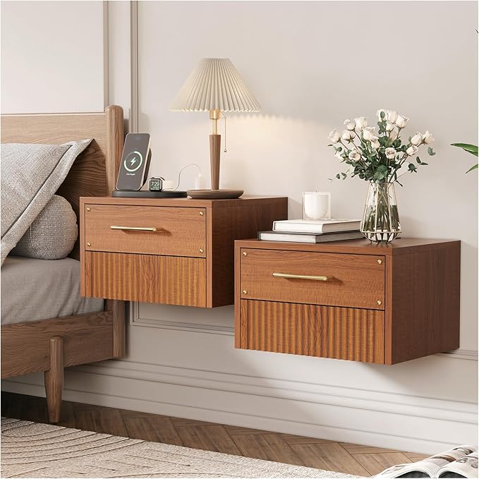 Floating Nightstand Set of 2, Mid Century Modern Wall Mounted Bedside Table with Charging Station, Fluted End Table with Storage Drawers for Bedroom, Home Small Space, Cherry, 2 PCS