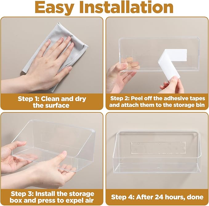 4 Pack Clear Wall Mounted Storage Organizer – No Drill Adhesive Shelves for Bathroom, Kitchen, Bedroom, Mirror Cabinets – Transparent PS Plastic Organizer Bins (7.9” x 3.4” x 3.3”)