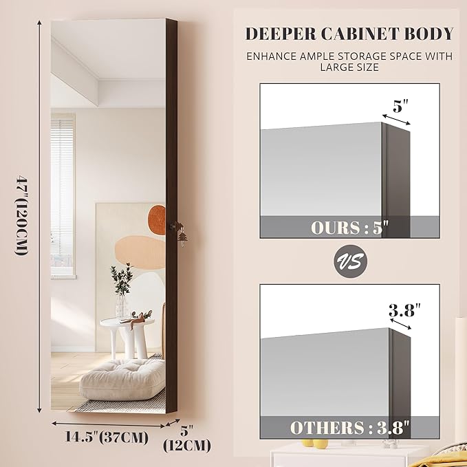 Vlsrka 47.2" LED Jewelry Armoire Organizer, Wall/Door Mounted with Full Length Mirror, Large Storage Hanging Cabinet, 4 Drawers, 5 Shelves, Built-in Lighted Mirror (Wood Black)