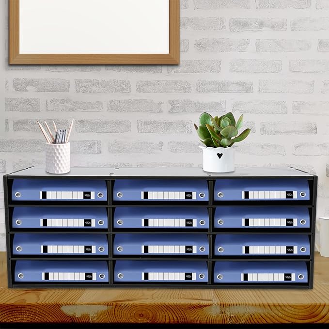 12 Compartments Literature Organizer, Desktop File Sorter Mail Center Paper Storage Cabinet Classroom Mailbox for Files Documents Papers Magazines(White) (Black 12 Slots)