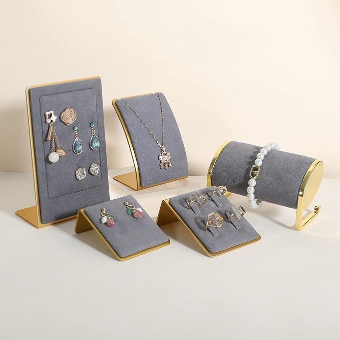 GemeShou Grey Necklace display stand, Velvet Jewelry necklace display holder for selling, small metal earring neck storage organizer, online jewelry photography props【Grey】