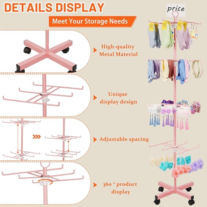 Retail Display Stand Rotating Display Stand 4 Tier Spinning Display Stand for Craft Shows, Jewelry, Keychain, Earring Adjustable Height Retail Display Racks (Pink)
