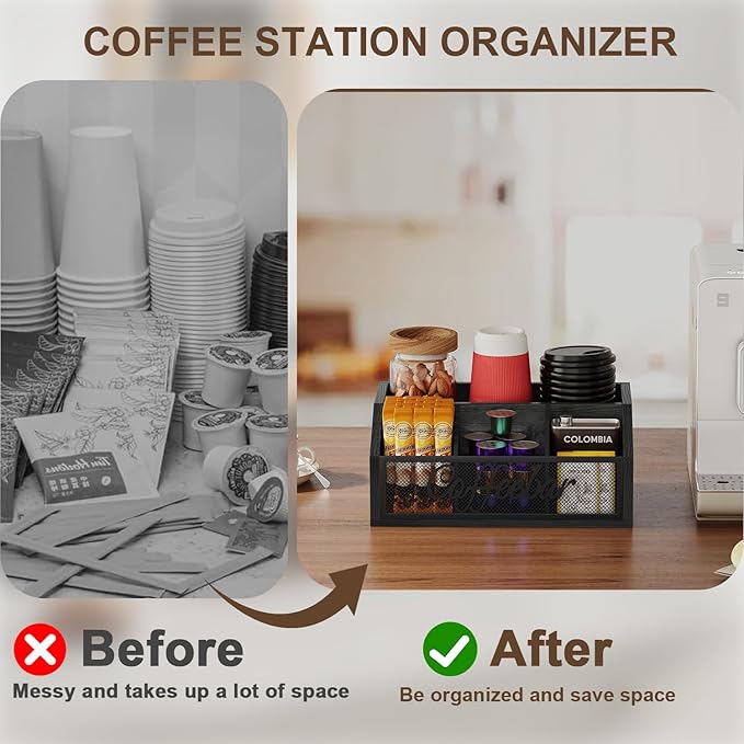 YINMIT Coffee Station Organizer for Countertop, Wood Coffee Bar Organizer with Removable Dividers for Pods, Syrup, Cups, Stirrer, Tea - Office Bar Accessories, Black