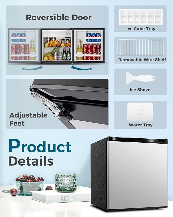 Mini Fridge with Freezer - 1.7 Cu.Ft Single Door Mini Refrigerator with Adjustable Thermostat, Low Noise, Energy Saving, Small Fridge for Bedroom, Apartment, Dorm, Classroom, Office - Silver