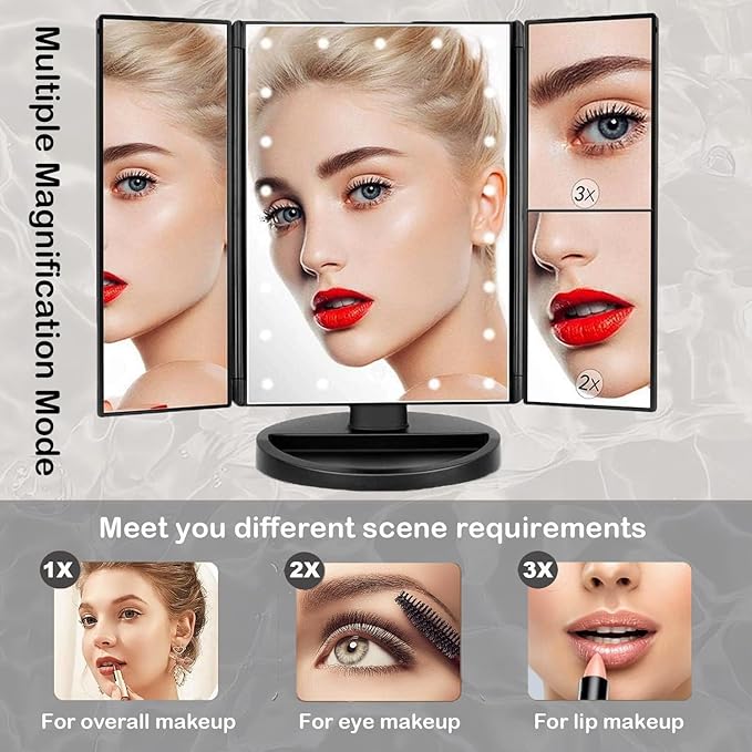 Tri-fold Lighted Vanity Makeup Mirror with 3x/2x Magnification,21 LEDs Light and Touch Screen,180 Degree Free Rotation Countertop Cosmetic Mirror,Travel (Black)