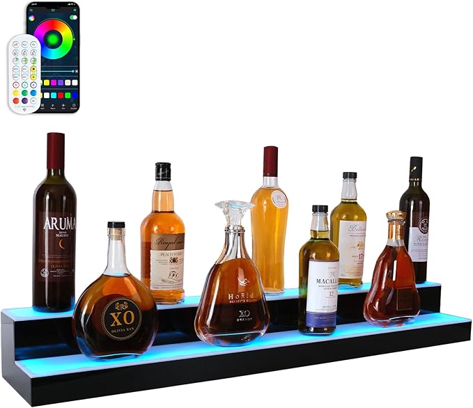 Led Lighted Liquor Bottle Display Shelf, 40 Inch 2 Tier Whiskey Rack, Support USB, Bar Stand with RF Remote & App Control, Illuminated Acrylic Lighting Shelves for Home Bar, Party