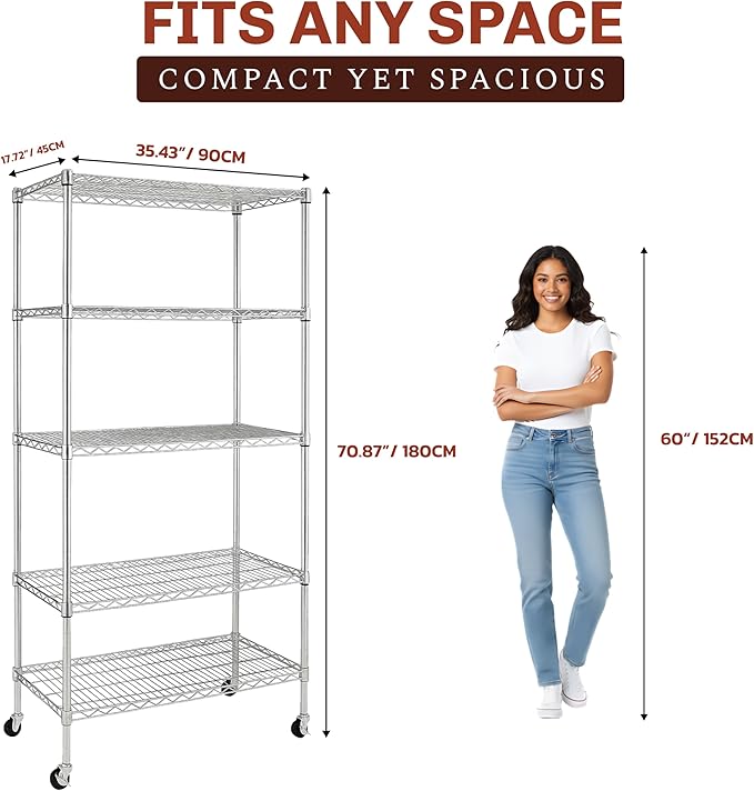 5-Tier NSF-Certified Steel Storage Shelves Rack - Garage Shelving Heavy Duty Metal Shelves for Storage - Adjustable Wire Shelving Unit w/ Wheels Shelf Commercial Shelving for Garage, Kitchen & Office