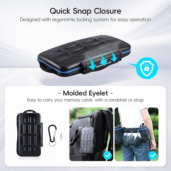 JJC Memory Card Case for 6 Cfast Compact Flash Cards, 12 SD Cards & 18 Micro SD Cards, Water-Resistant SD CF Card Holder with A Free Carabiner