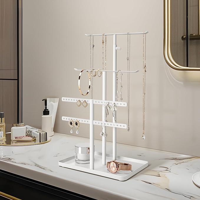 Jewelry Holder Organizer Stand - Adjustable Jewelry Tree 17.5" Height (Max), Jewlery Hanger for Necklaces, Bracelets, Earrings, Stainless, White