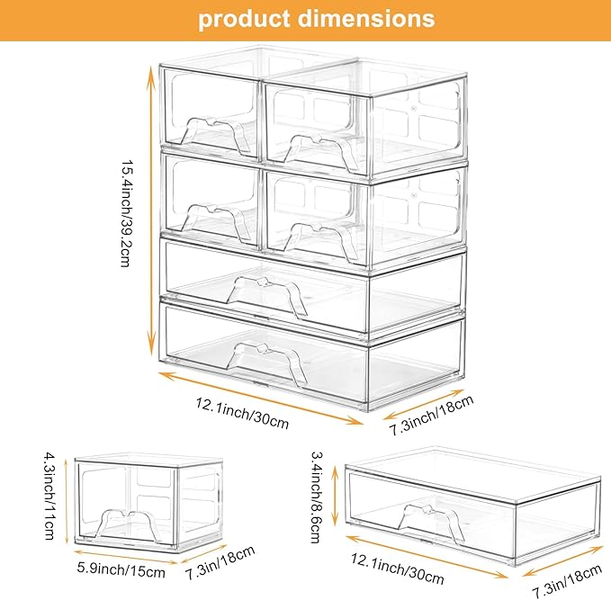 Stackable Makeup Organizer Storage Drawers Set of 6, Clear Plastic Organizer Bins for Beauty Supplies,Ideal for Vanity, Bathroom,Cabinet,Pantry Organization (2Long 4 Short)
