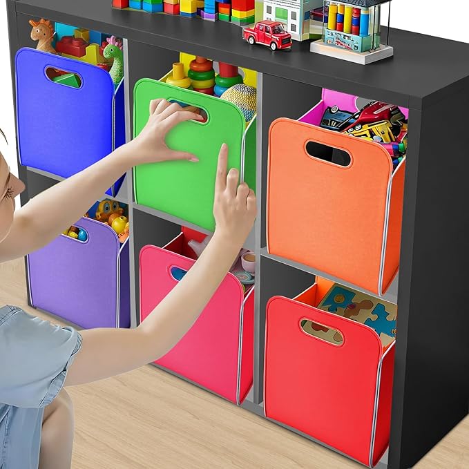 6 Pcs 14x10 Inch Colorful Felt Rectangular Storage Bins Collapsible Storage Basket with Handle for Shelves Closet Bedroom Office Clothes Book Holiday Christmas Stuff Organizer(Rainbow)