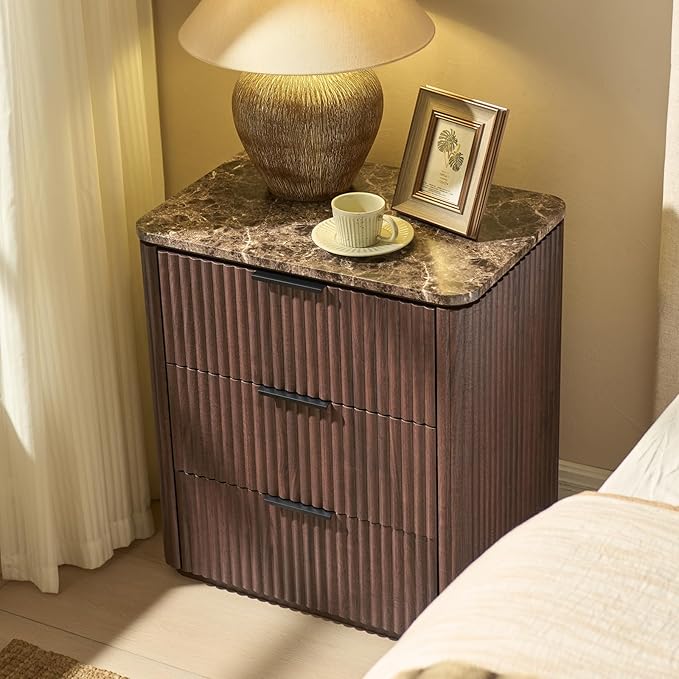 Fluted Nightstand with 3 Drawers, Engineered Wood Bedside Table with Faux Marble-Top, Modern End Table with Curved Corners, Metal Handle, Large Night Stand for Bedroom, Office, Closet, Dark Oak